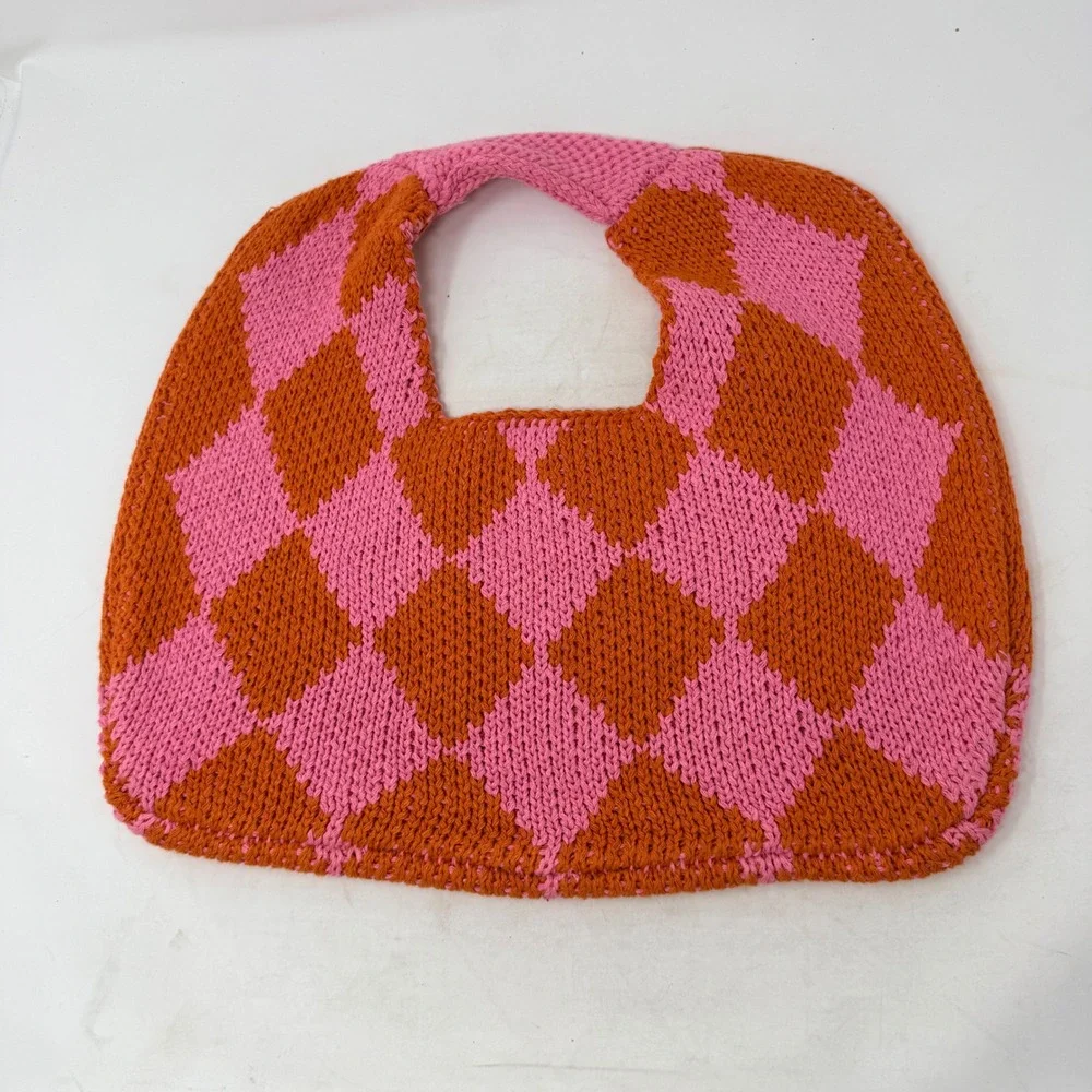 Kopari Pink Orange Checkered Knit Tote Bag Harlequin Pattern Top Handle Bag